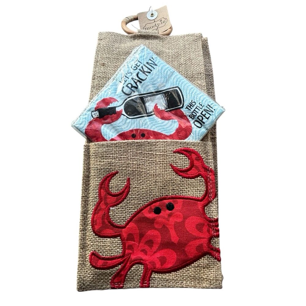 MUD PIE BURLAP WINE BAG LOBSTER NAPKINS NWT COASTAL NAUTICAL GIFT SET PARTY TOTE